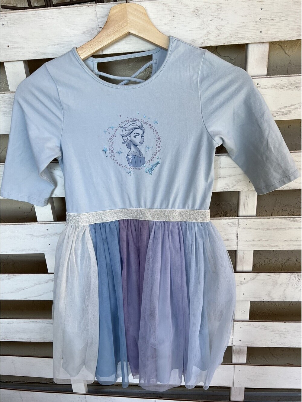 DISNEY Blue FROZEN ELSA Believe 3/4 Sleeves Dress Girls 10/12.